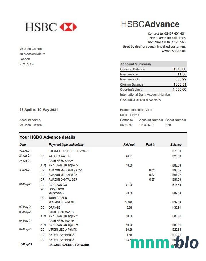 Wyciąg bankowy HSBC w Wielkiej Brytanii, szablon Word i PDF, 5 stron